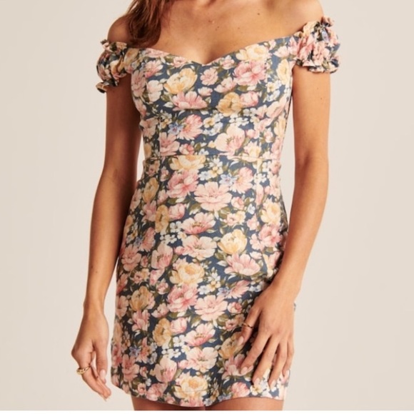 Abercrombie & Fitch Linen Blend Off-The-Shoulder Floral Corset Mini Dress - Picture 1 of 10